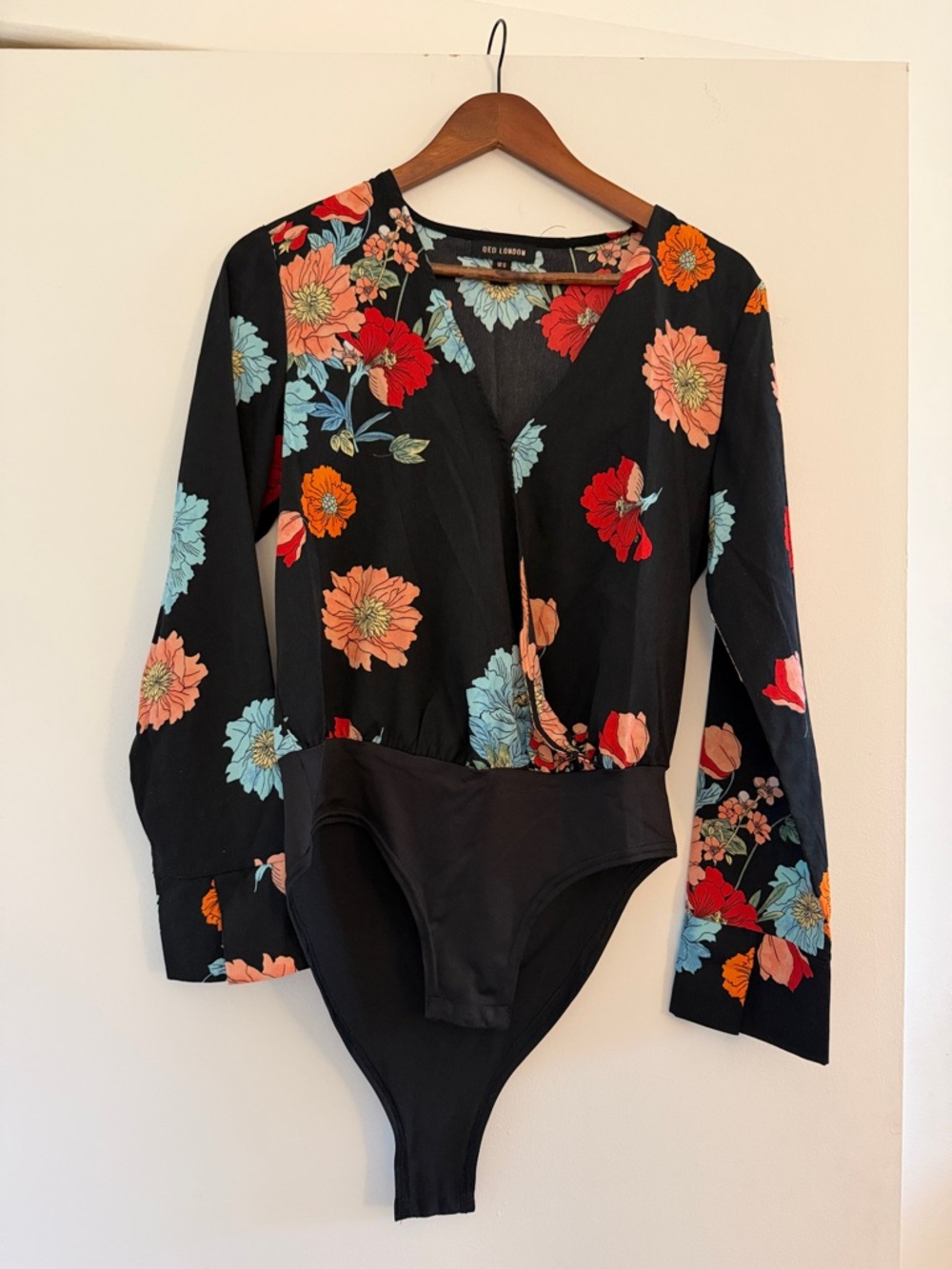 QED London Black Floral Long-Sleeve Bodysuit